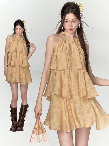 Mustard Yellow Halter Floral Dress