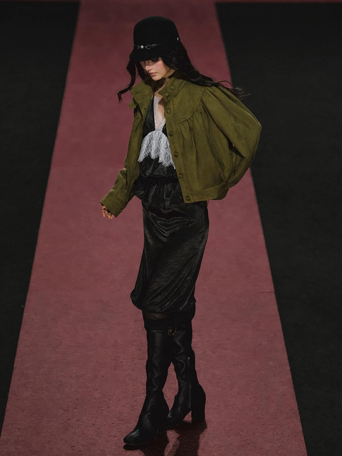 Ruched Stand Collar Faux Suede Jacket
