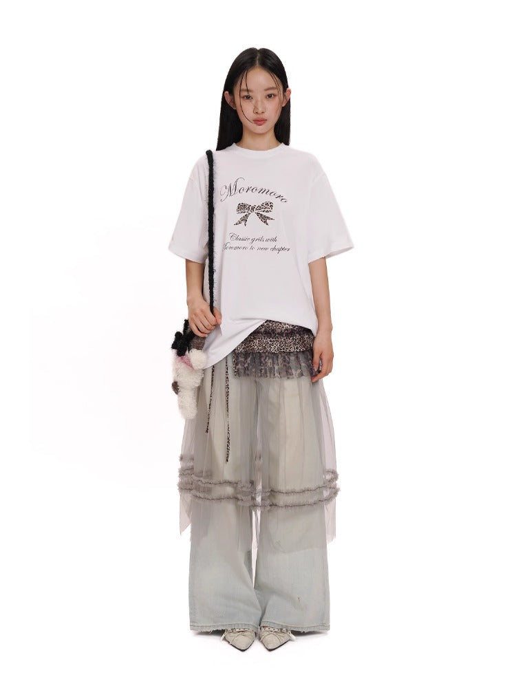 Leopard Print Butterfly Bow Embroidered T-shirt