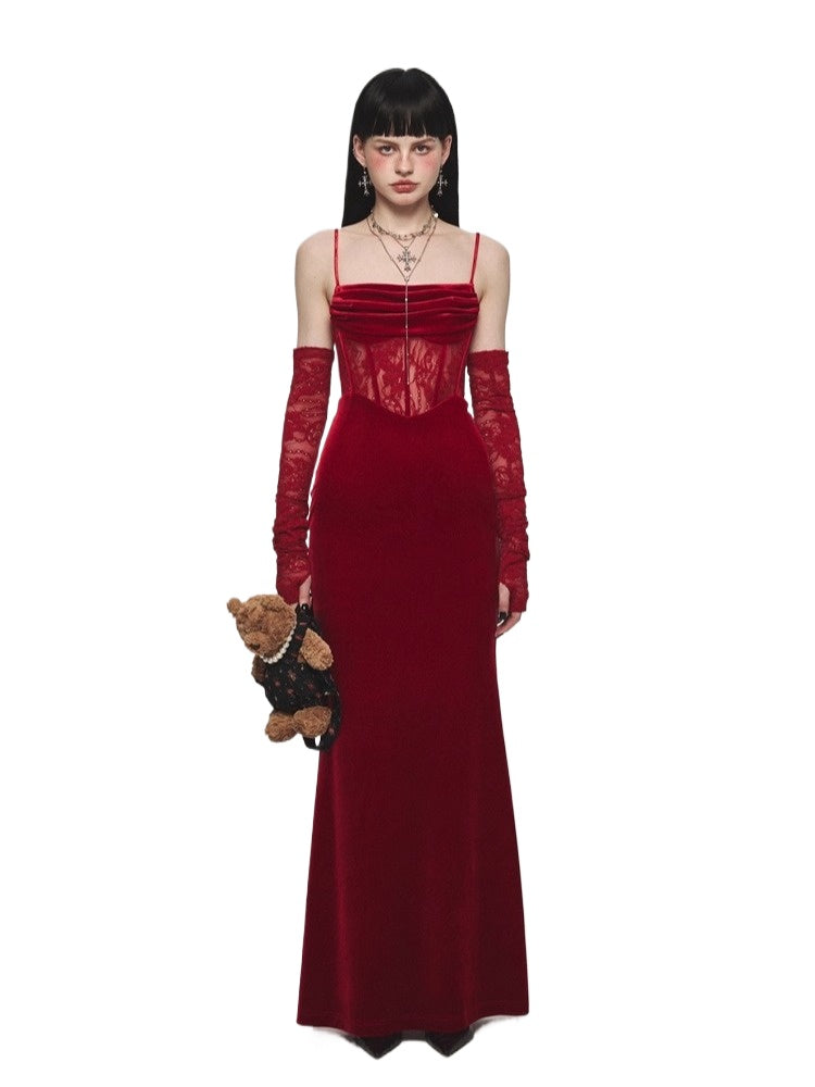 Fishbone Strap Long Velvet Bodycon Dress