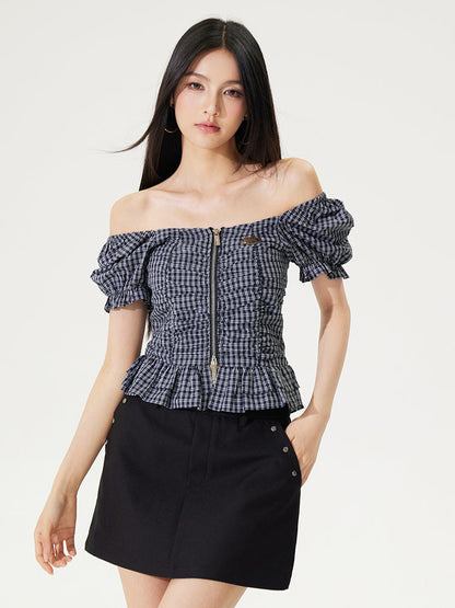 Puff Sleeve One-Word Collar Plaid Top
