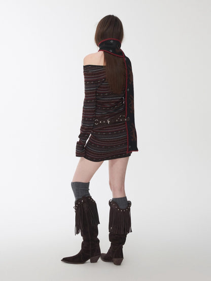 Fair Isle Off-Shoulder Jacquard Knit Dress