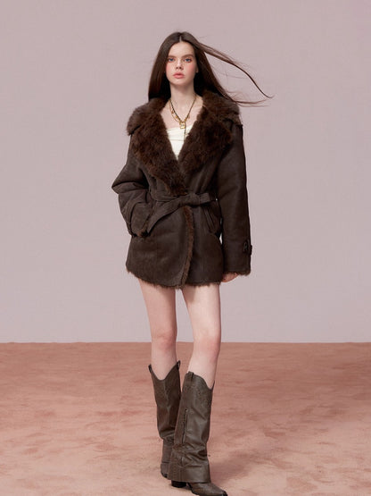 Faux Shearling-Lined PU Belted Coat
