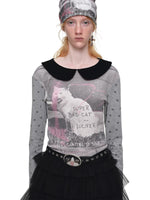 Cat Print Waffle Collar Top