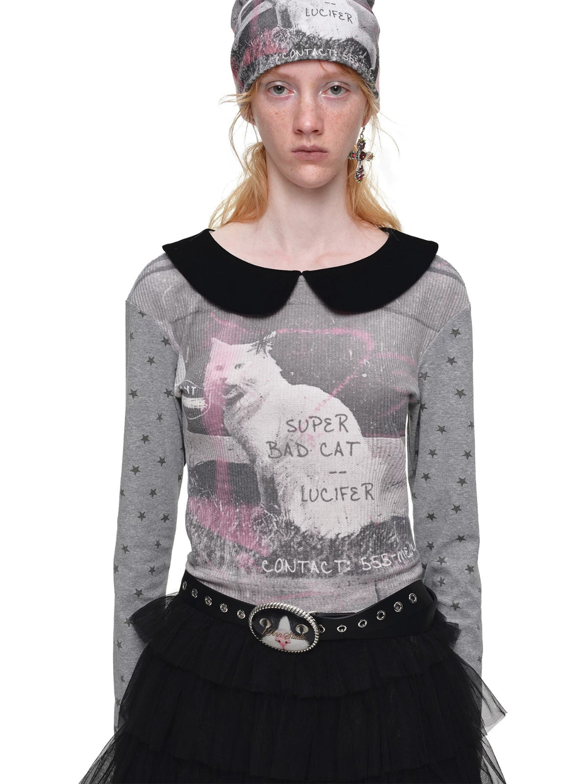 Cat Print Waffle Collar Top