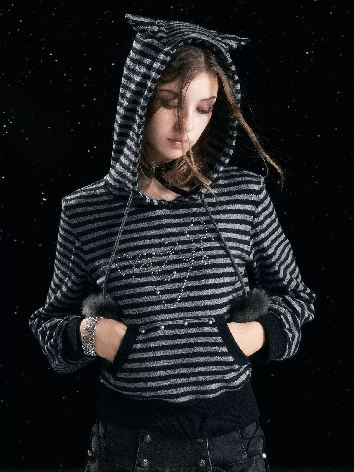 Striped Cat Ear Knit Hoodie