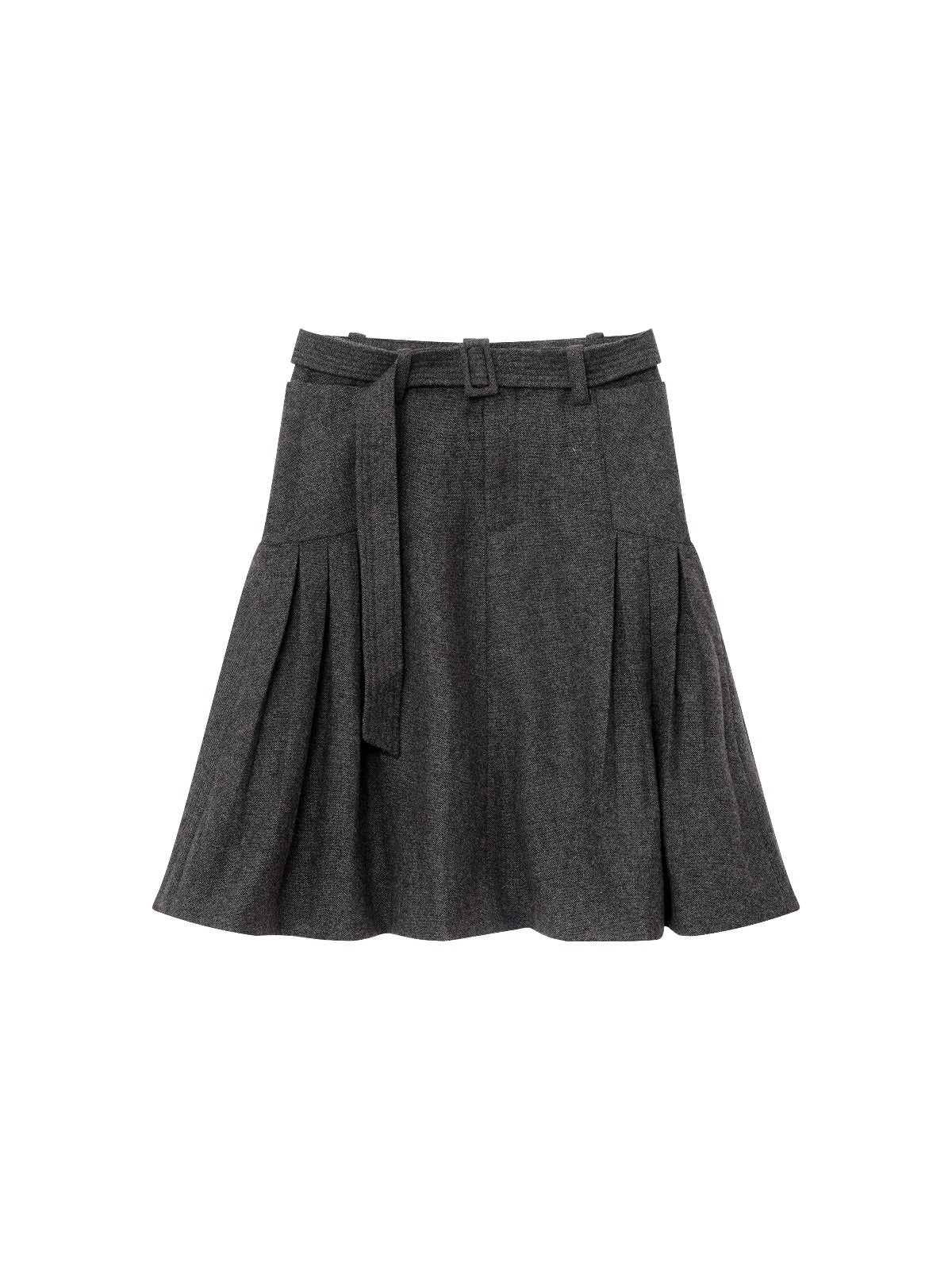Wool Belted A Line Pleated Skirt