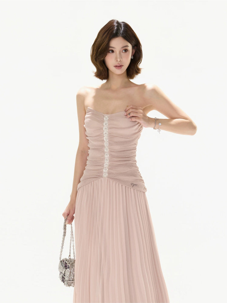 Pleated Mesh Maxi Dress