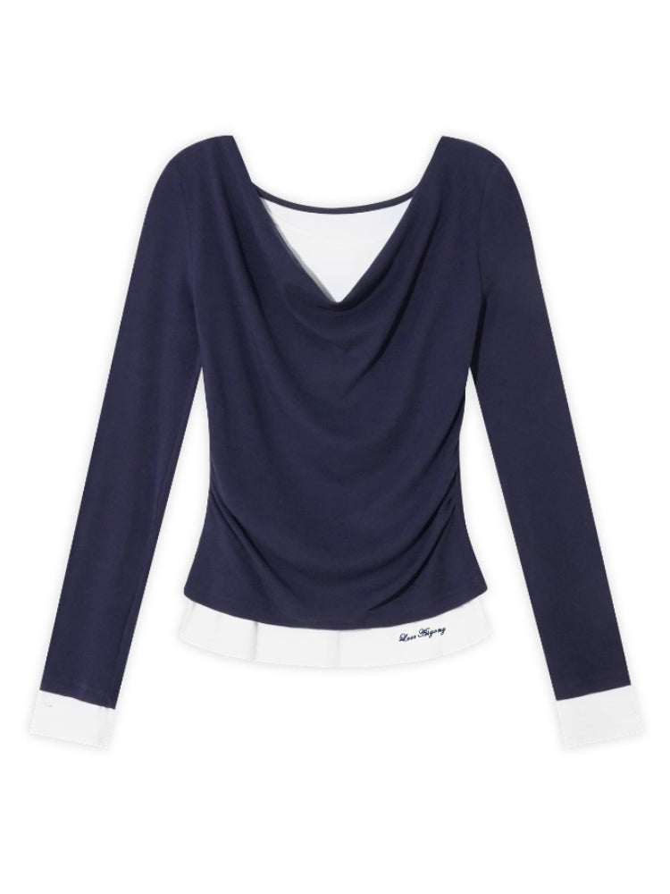 Dangle Collar Fake Two-Piece Color-Blocked Blouse