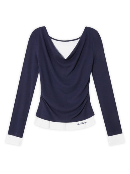 Dangle Collar Fake Two-Piece Color-Blocked Blouse