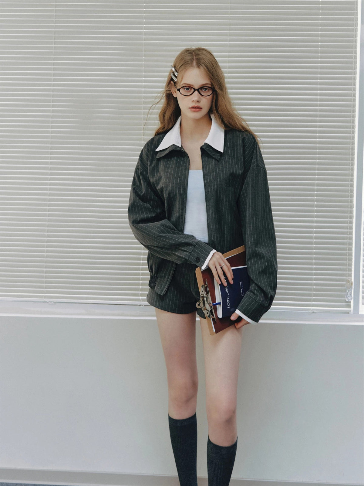 Spliced Jacket &amp; Striped Suit Shorts Set