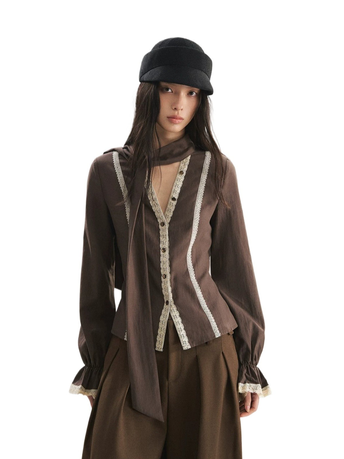 V-Neck Scarf Collar Blouse