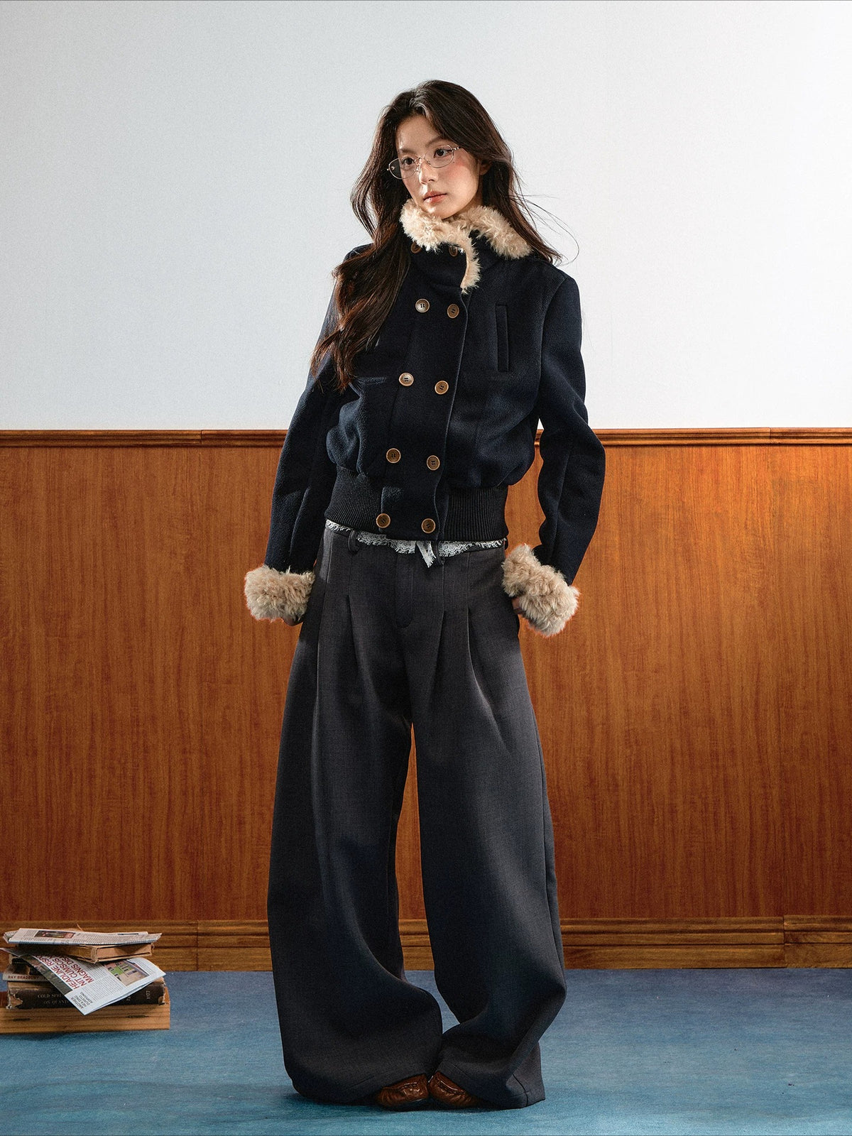 Navy Blue Vintage Faux Fur Collar Jacket