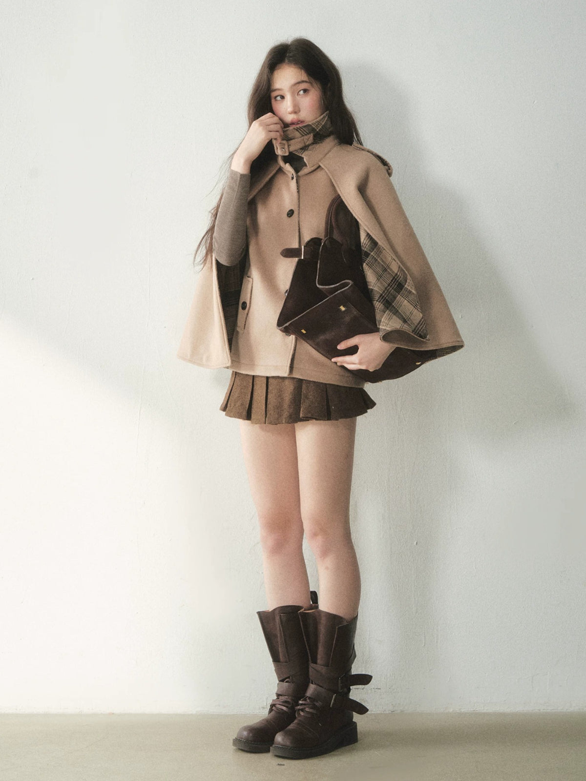Vintage Plaid Panel Wool Cape Coat