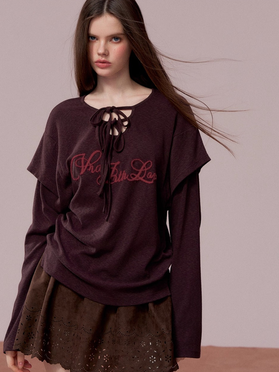 Purple Embroidered 2-in-1 Long Sleeve T-shirt