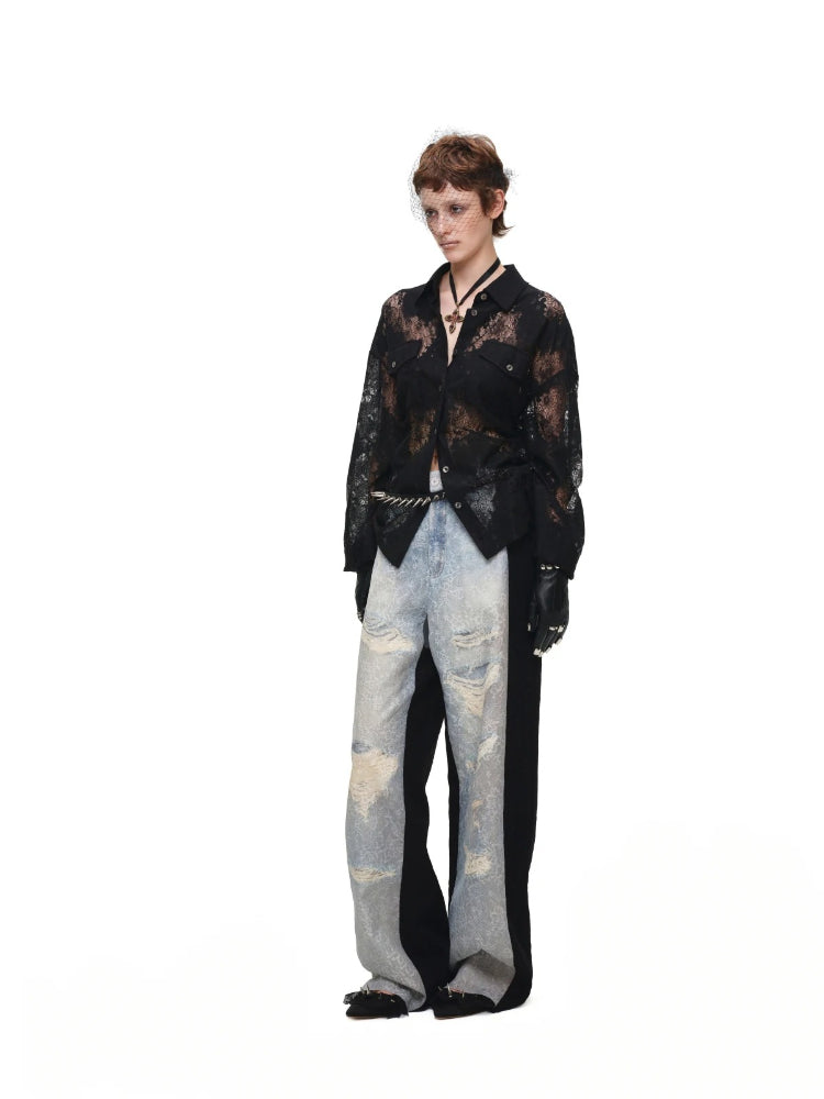 Lace Printed Wide Leg Jeans