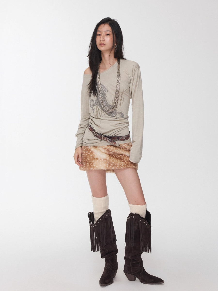 Rhinestone Embellished Asymmetric Drape T-shirt