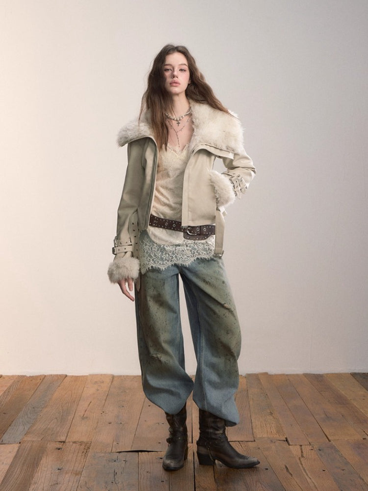 Faux Shearling Fur Collar Short Jacket