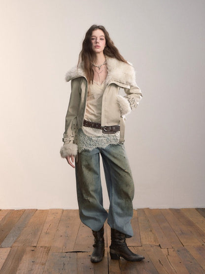 Faux Shearling Fur Collar Short Jacket