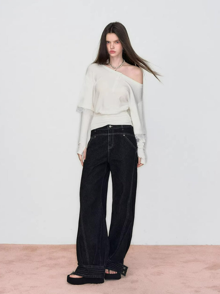 Asymmetrical Lace Panel Faux Layered Tee