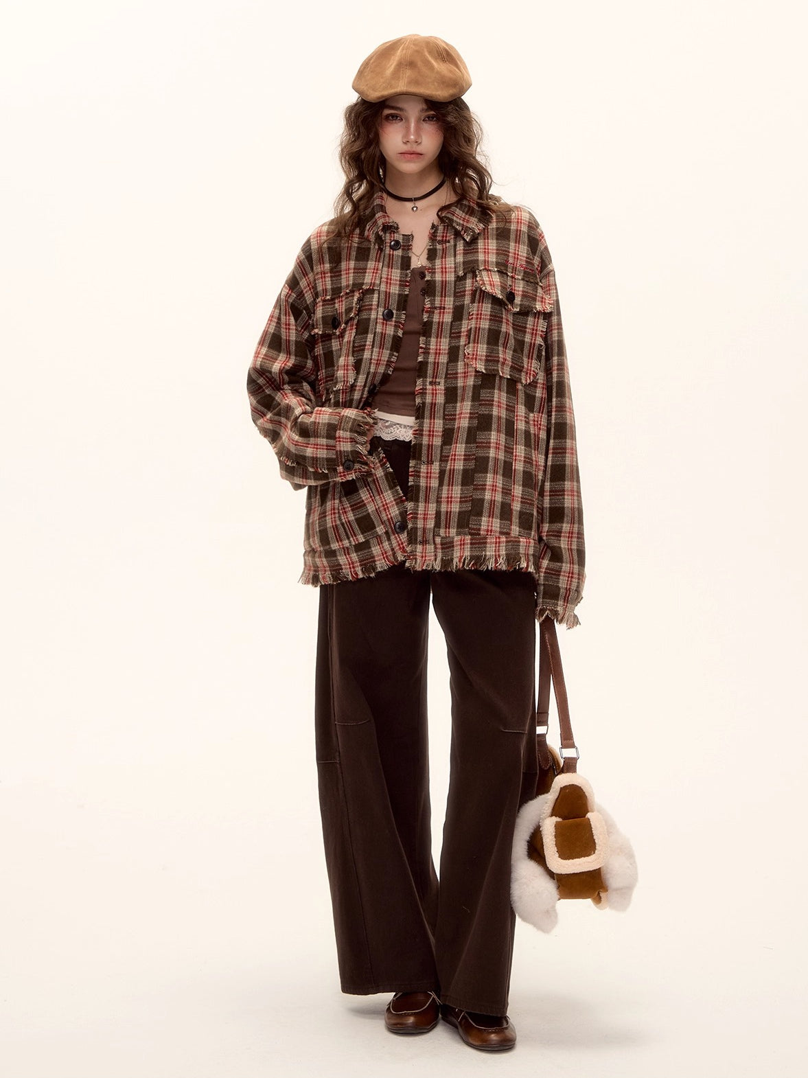 Checked Wool Blend Fringe Edge Shirt Jacket
