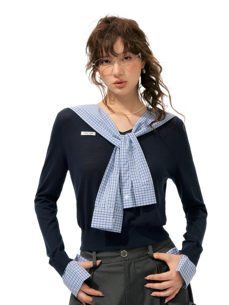 Fake Two-Piece Twist-Knot Spliced V-Neck Knit Top