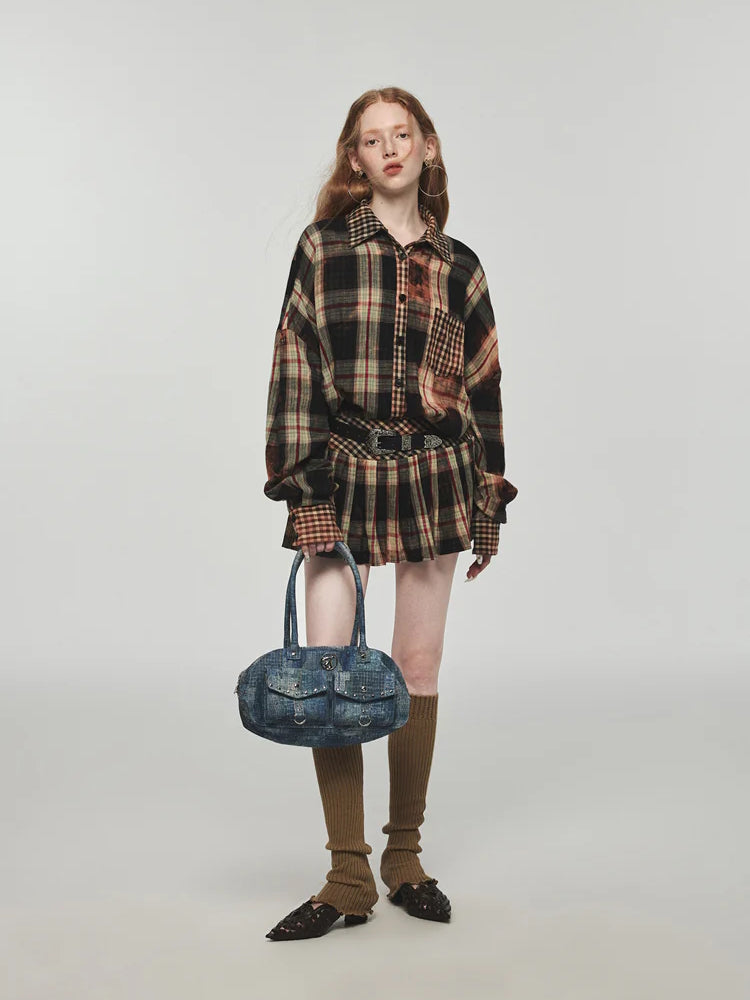 Tie-dye Plaid Shirt &amp; Mini Skirt Set