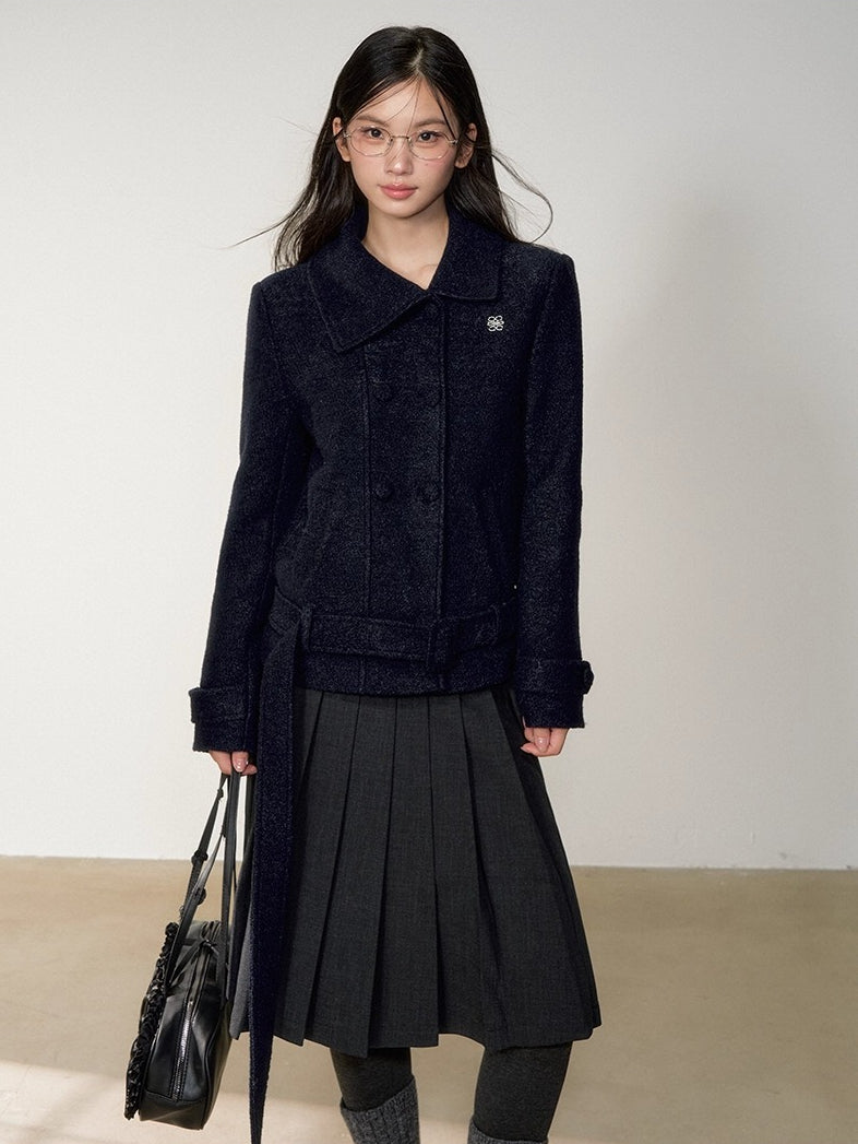 Diagonal Collar Double-Breasted Wool Coat