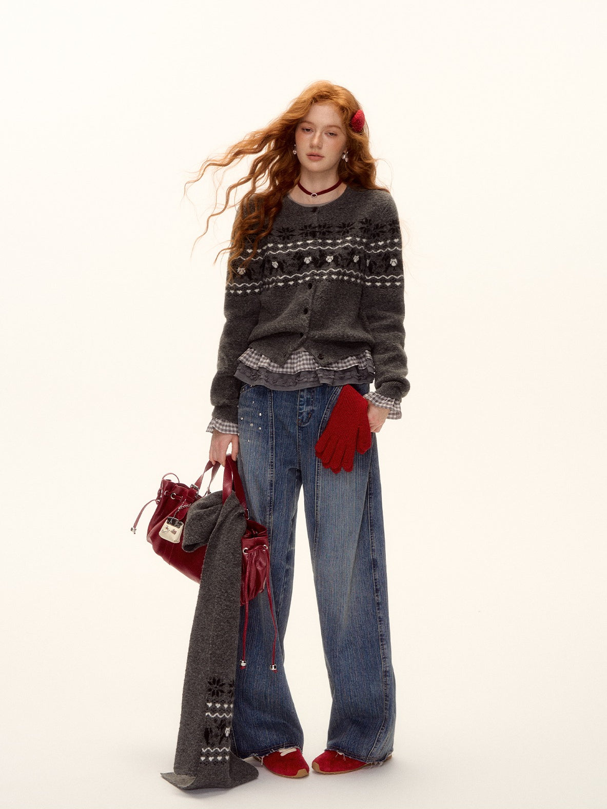 Fair Isle Knit Cardigan and Scarf Set