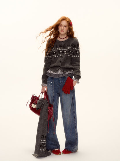 Fair Isle Knit Cardigan and Scarf Set