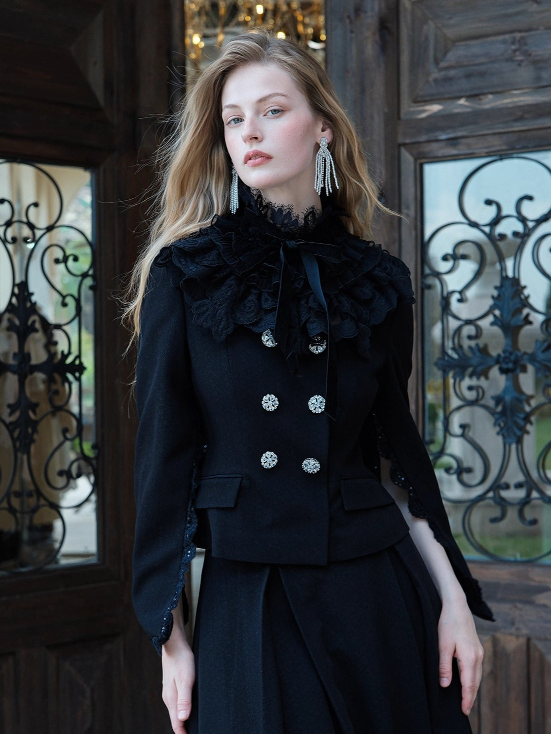 Mirage Vintage Lace-Collar Blazer &amp; Flared Skirt Set