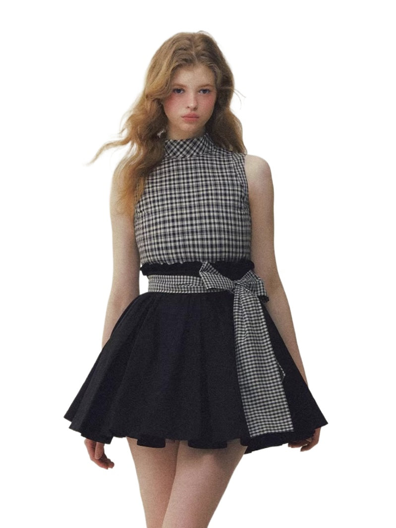 Black Plaid Bow Puff Dress