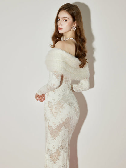 Cynthia Off-Shoulder Fur Collar Long Sleeve Lace Dress
