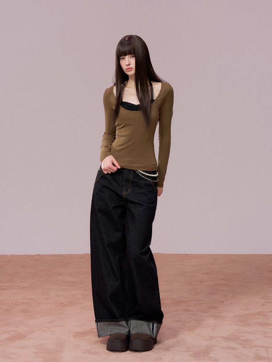 Rhinestone Cuffed Wide-Leg Denim Jeans