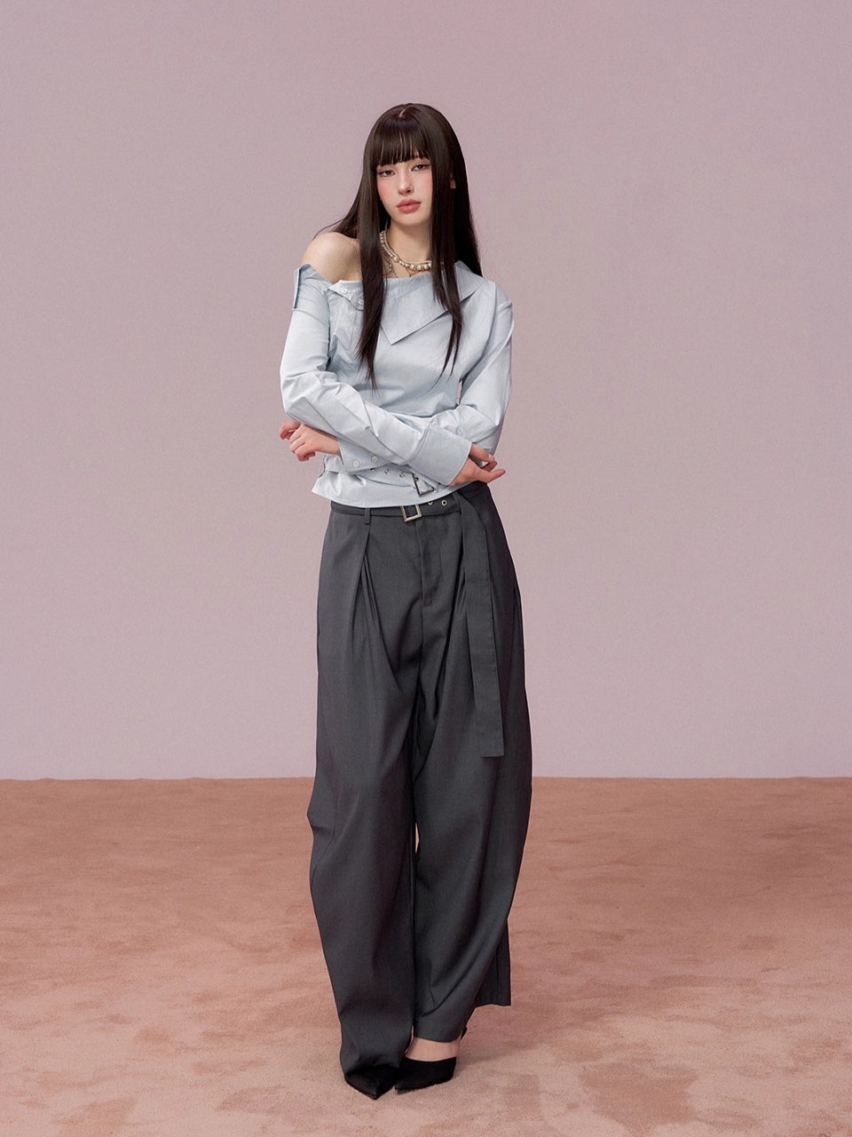 Belted Wide-Leg Tailored Trousers