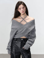 Grey & White Off-shoulder Knitted Wool Sweater