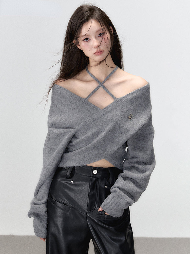 Grey &amp; White Off-shoulder Knitted Wool Sweater