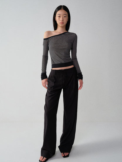 Black-Red Striped Cuffed Suit Wide-Leg Pants