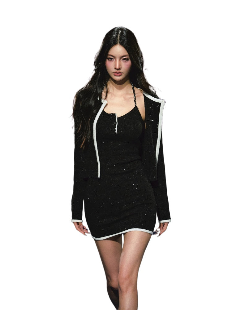 Tweed Galaxy Shimmer Chain Halter Dress &amp; Cardigan Set