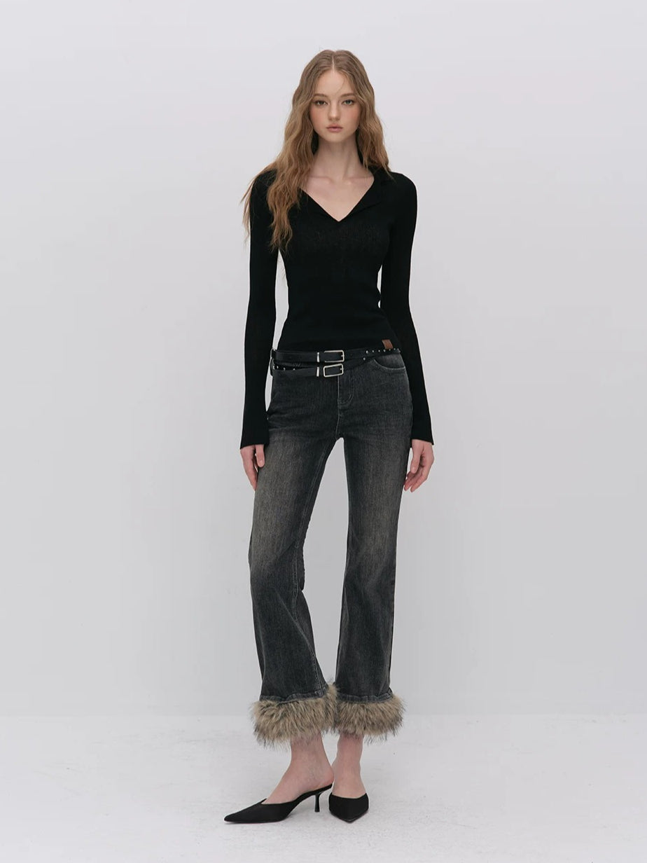 Ribbed Wool Polo Top