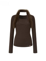 Fox Fur Trim Layered Halter Knit Top