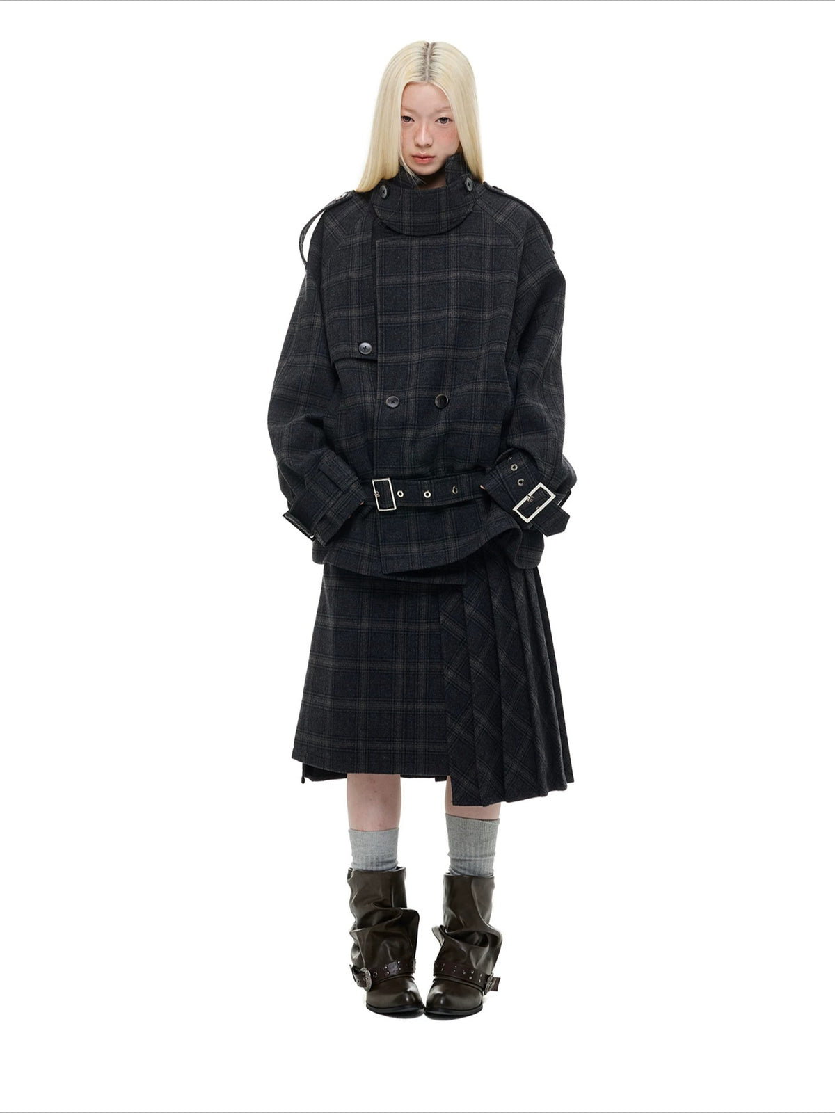 Vintage Black Plaid Wool Blend Jacket Set