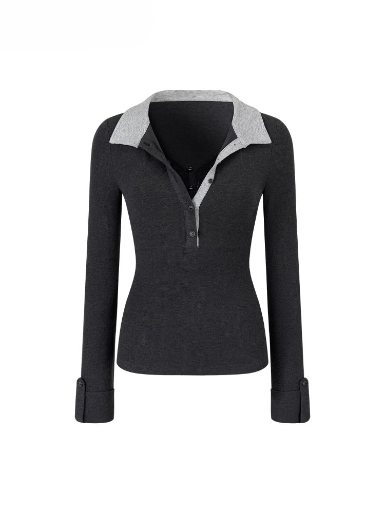 Contrast Collar Lace-Trim Long Sleeve T-shirt
