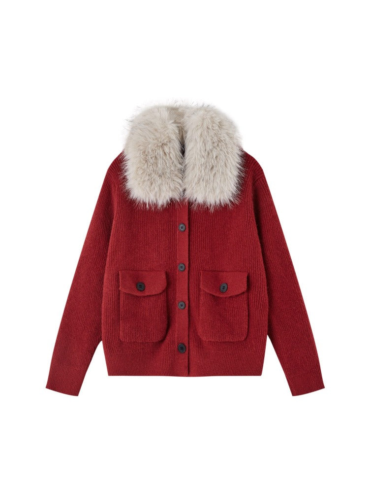 Detachable Fur Collar Ribbed Cardigan