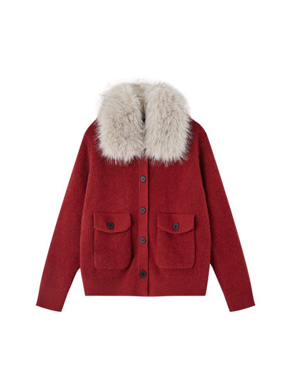 Detachable Fur Collar Ribbed Cardigan