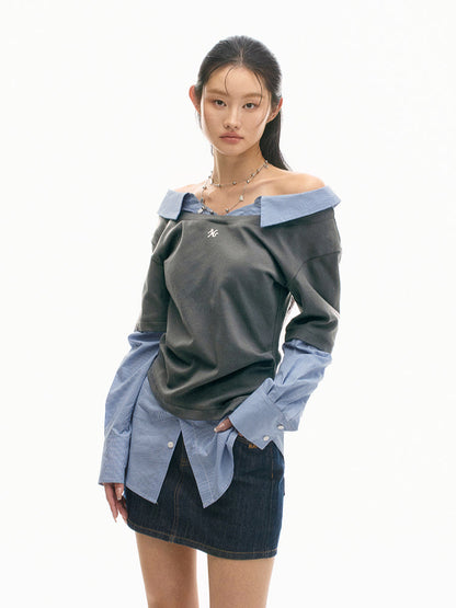 Off-shoulder Slimming Shirt Patchwork T-shirt