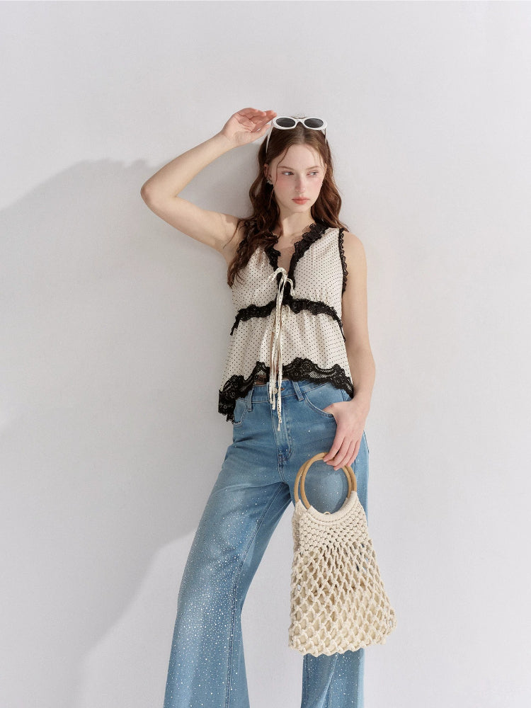 Lace Trim Polka Dot Vest