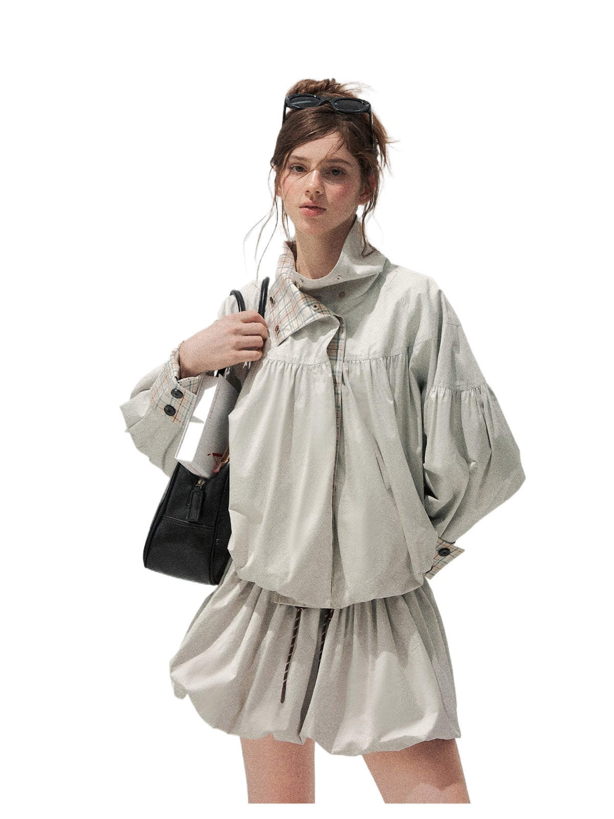 Blue Gray Plaid Trench Coat Set