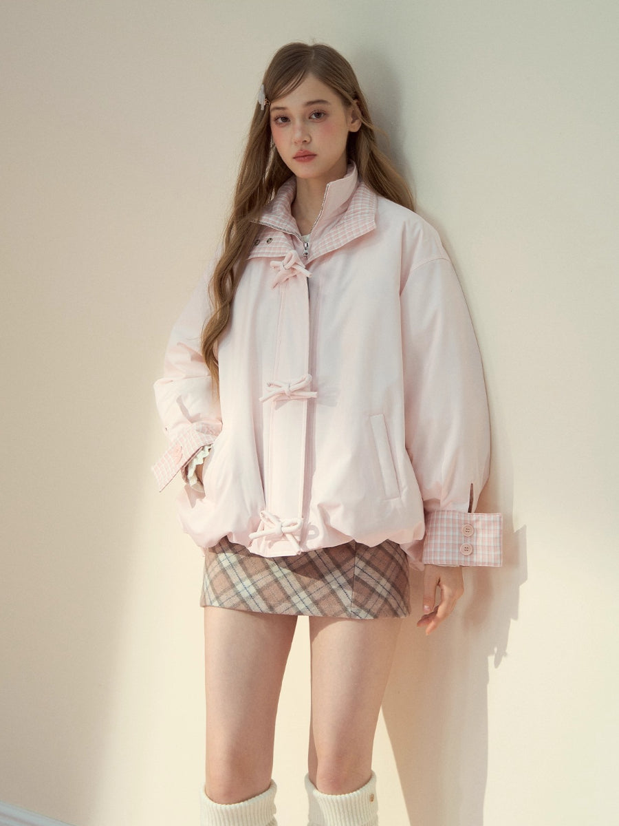 Pink Bow Plaid Down Puffer Jacket