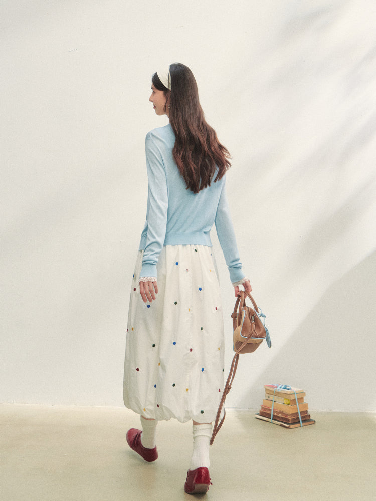 White Heavy-duty Floral Embroidered Midi Skirt
